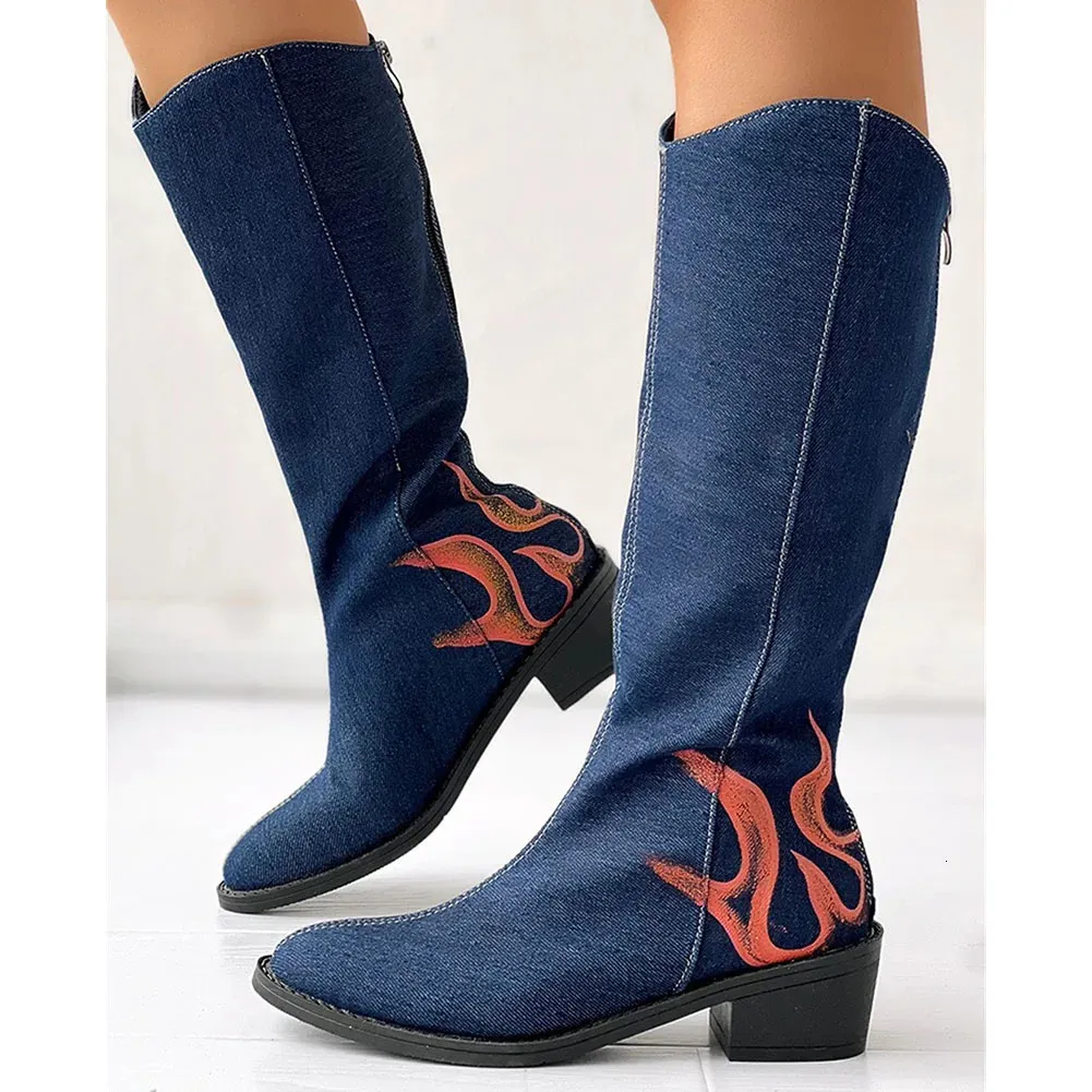 Boots Trendy Vintage Western Boot Blue Denim y Heels Zip Cowboy Round Toe Casual Comfy Mid Calf Cowgirl Shoes Woman 231025