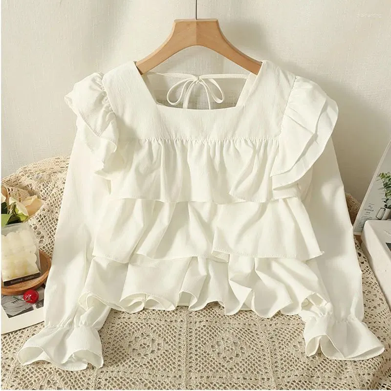 Blusas femininas plissado topo blusa branca colheita camisa vintage manga longa blusa mujer moda 2023 estilo coreano roupas preto cortado kawaii