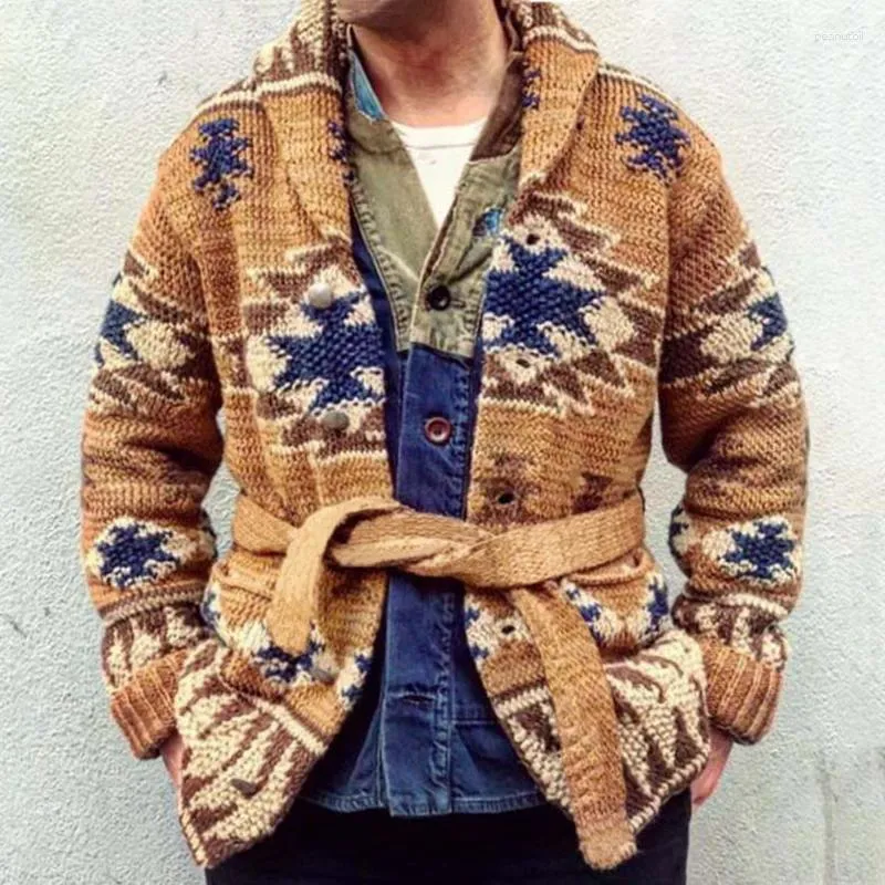 Men's Sweaters Lacing Up Patchwork Button Loose Coats Streetwear Men Print Casual Knit Cardigan Autumn And Winter Male Long Sleeve