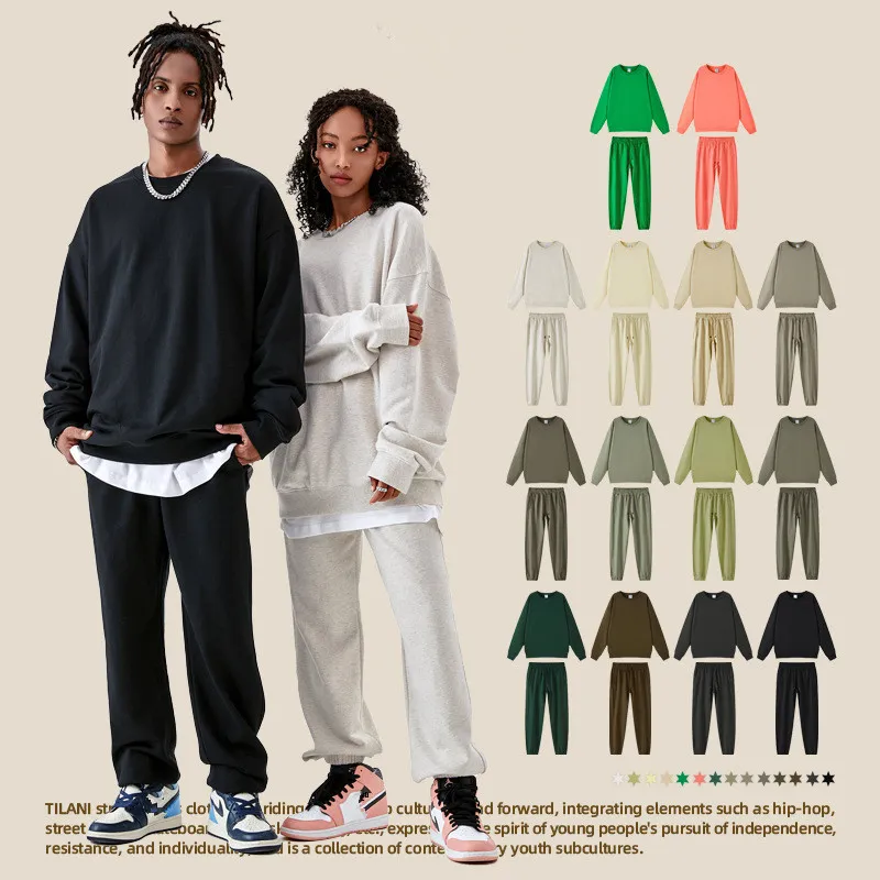 Wholesale Heavy 100% Cotton Sweatsuit Unisex Blank Plain Loose Hoodie Tracksuit Sweatpants Sweater Autumn Winter Pullover O Neck Streetwear Tops Bottoms