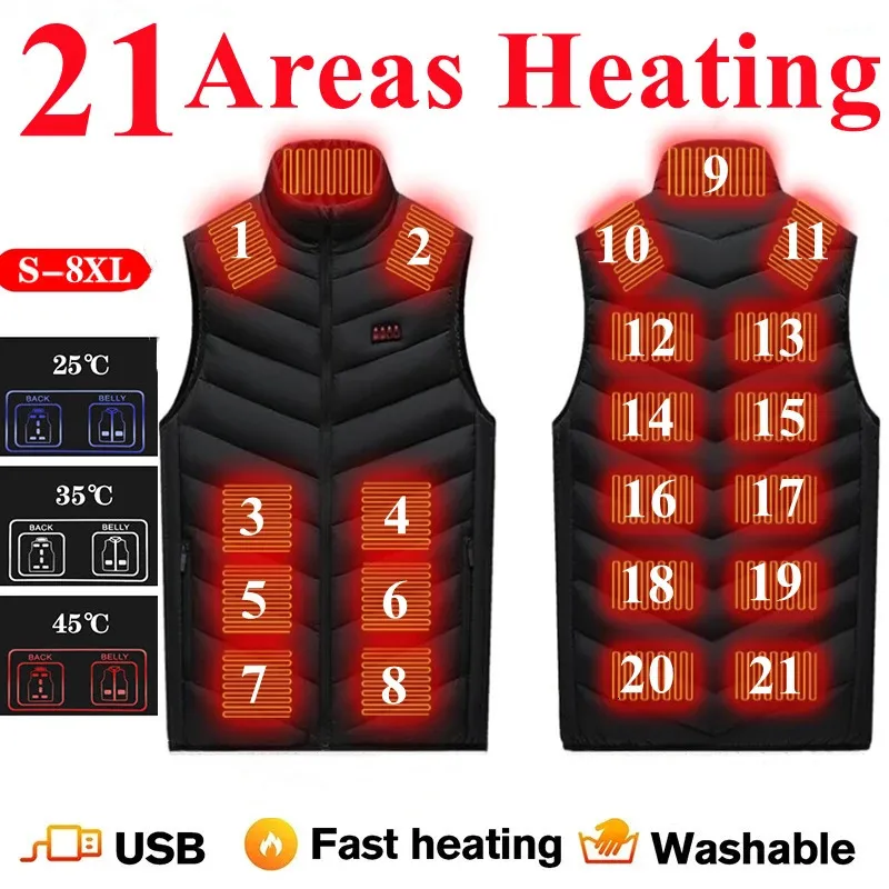 Men's Vests 21 Areas Heated Vest Men Winter Heating Jacket Warm Electric Thermal Waistcoat Hiking Outdoor Camping Infrared USB Heated Coat 231026