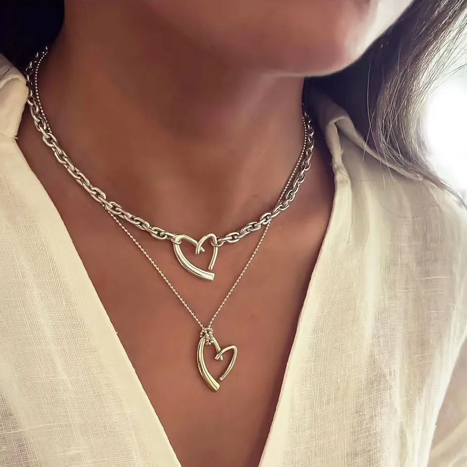Collier avec pendentif en forme de cœur d'amour irrégulier pour femmes, chaîne Double couche, ras du cou, S3834