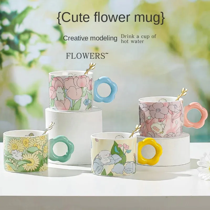 Mugs Creative Internet Celebrity Cartoon Tulip Bunny Highvalue Home Office Coffee Cup Afternoon Tea Snack Cups 231026