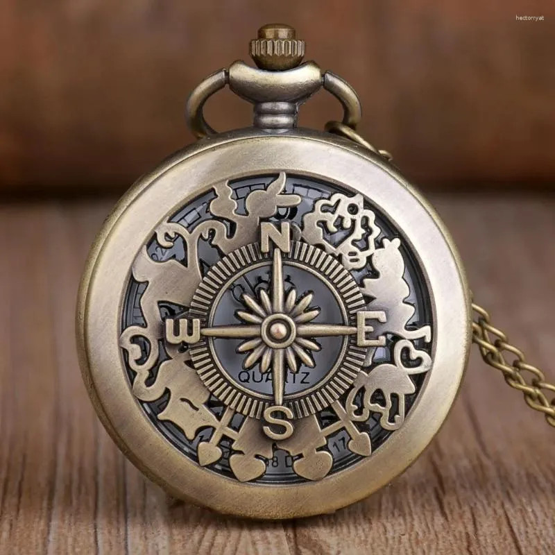 Zegarki kieszonkowe Brązowe szkieletowe kompas Projekt Kwarcowy zegarek z łańcuchem naszyjnikiem dla męskich kobiet -dzieci