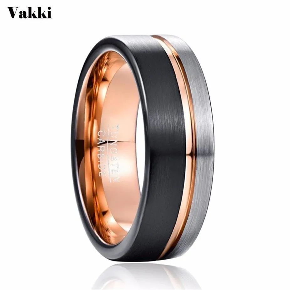 VAKKI MEN 8MM Tungsten Ring Black Rose Gold Wedding Band förlovningsring Herrparty smycken Bague Homme224d