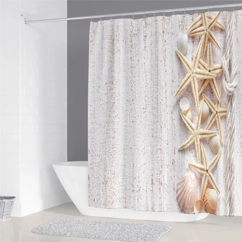Cortinas de chuveiro 200x180cm Cortina para banheiro 3D Starfish Shell Impressão Cortina decorativa doméstica à prova d'água com 12 ganchos Cortina de chuveiro 231025
