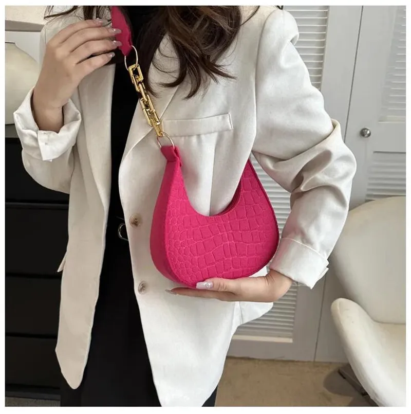 Rose Red Stone Pattern PU Leather Crescent Shoulder Bag For