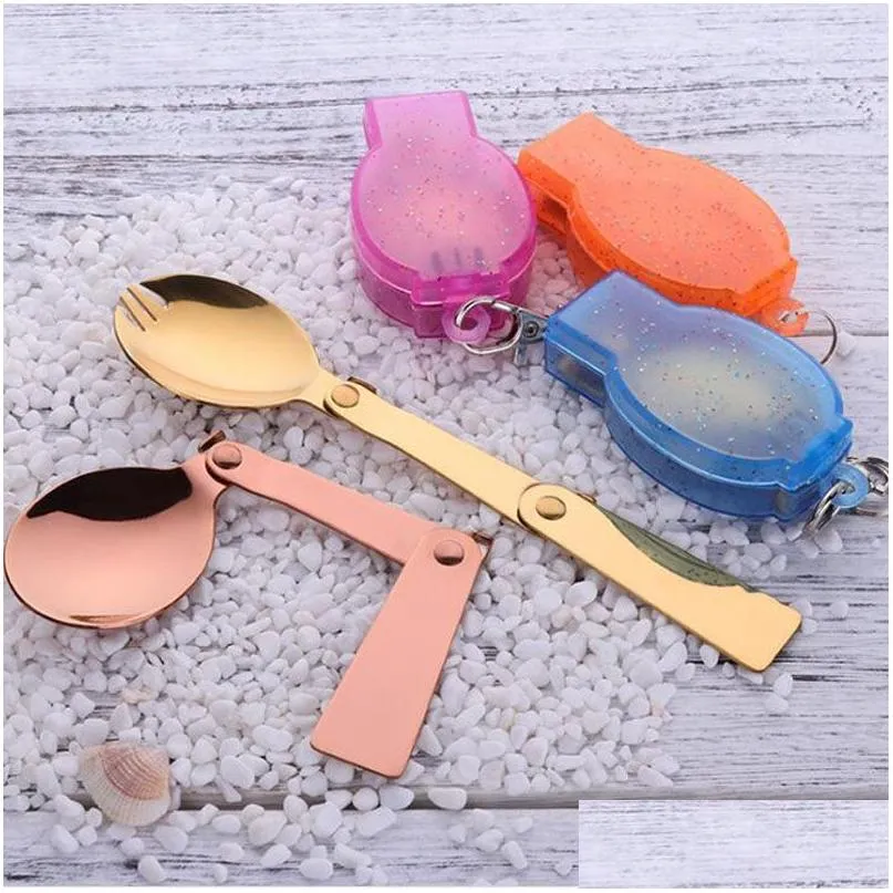 Spoons Folding Spoon Rose Gold Stainless Steel Portable Outdoor Cam Tableware With Plastic Box Buckle Za6321 Drop Delivery Home Garden Dh3Uy