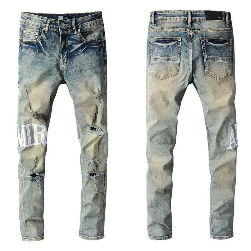 Mens Designer Denim Pants Skinny fit Slim stretch Men's Jean size 29-38 Trousers Patchwork Distressed Ripped Crystals Stone Jeans