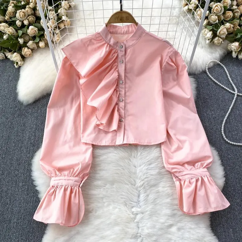 Kvinnors blusar chic blusa mujer kvinnor står krage lykta ärm y2k höst blus kvinnlig oregelbunden ruffles kamisol koreansk stil droppe