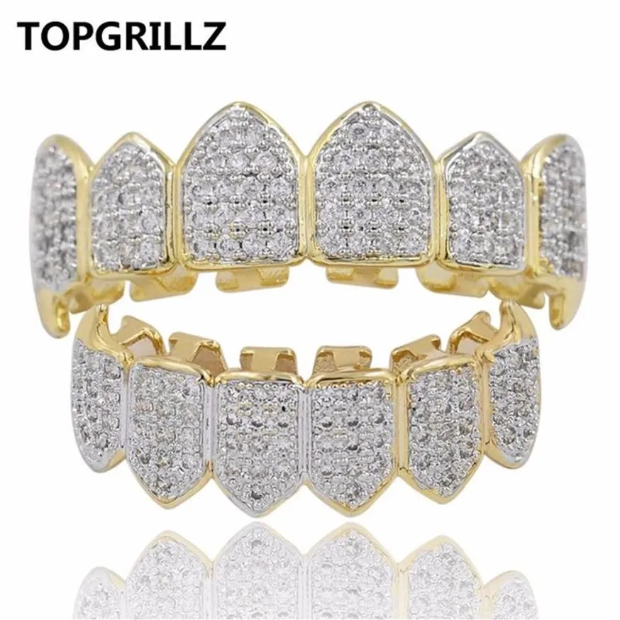 Topgrillz Hip Hop Grillz 아이스 아이스 아웃 지르콘 송곳니 입 치아 그릴 캡 상단 하단 그릴 세트 남자 뱀파이어 그릴 214i