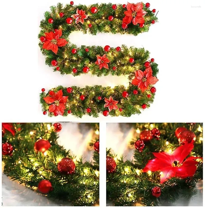 装飾的な花2.7mレッドフラワーガーランドリースのドアのための吊り下げ飾りクリスマス装飾人工クリスマスツリー2024装飾