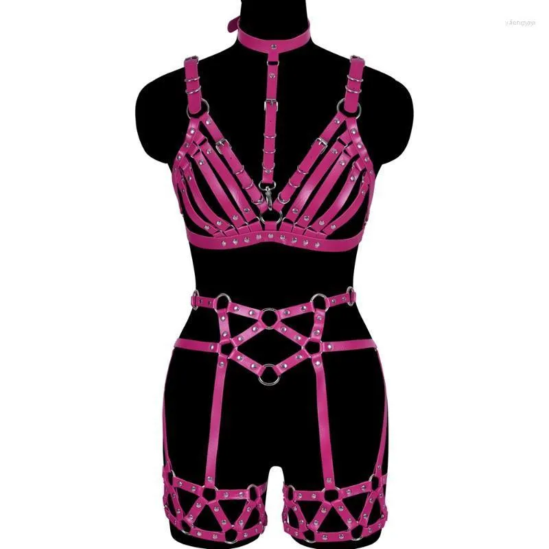 Bustiers Corsets Bondage Lingerie Ensemble Punk Harnais En Cuir Corps Halter Femmes Harajuku Goth Rave Fétiche Pole Dance AccessoiresBustiers