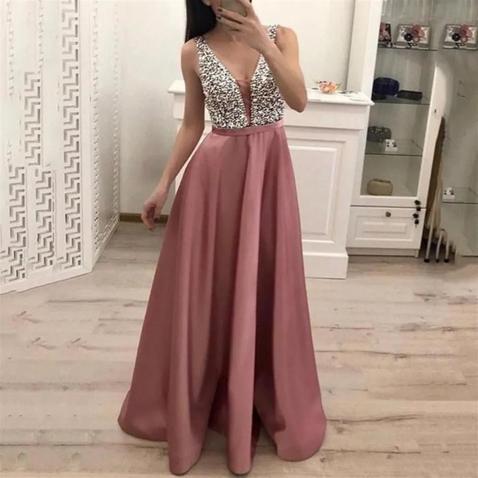 Casual Dresses Sleeveless V-neck Blue A-line Elegant Chiffon Dress Bridesmaid Evening Sequined Long Splicing Wedding Party Women308M