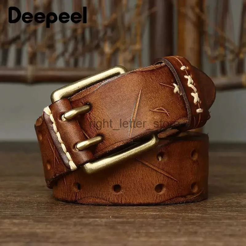 Ceintures 1 pièce Deepeel 3.8*105-125cm cuir de vachette homme Vintage Double aiguille boucle ceinture adultes mâle large ceinture avec jean YQ231026