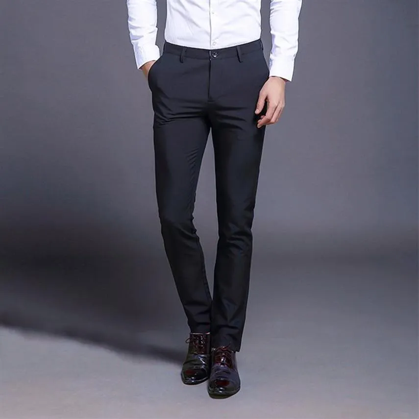 2020 Men Casual Suit Pants Wedding Business Fashion Elastic Solid Color Slim Fit byxor Thin Office Dress Pants271B