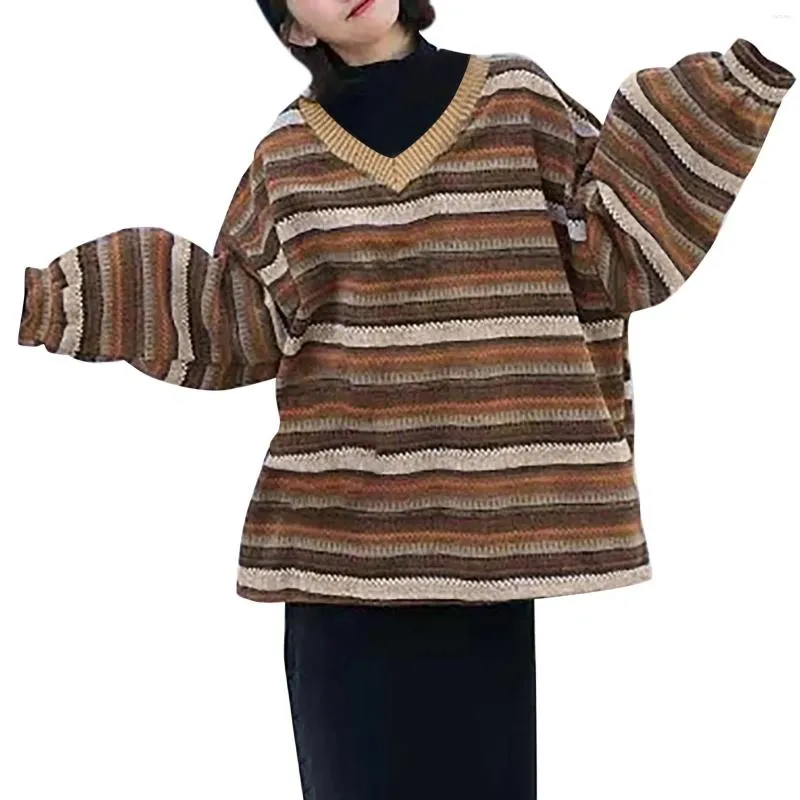 Женские свитера, полосатые вязаные пуловеры, свитер с v-образным вырезом, свободный винтажный трикотаж с длинными рукавами, женская мода, цветной блок, топ Pull Femme
