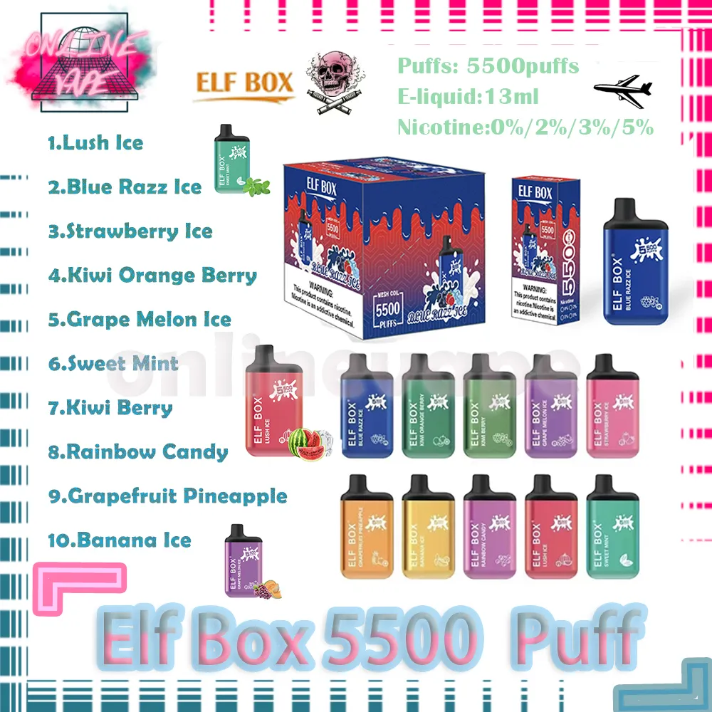 Original ELF BOX 5500 Puff Caneta Vape Descartável 0% 2% 3% 5% Nível 12ml Pré-preenchido 650mAh Bateria Recarregável 10 Cores E Cigarro Puffs 5k