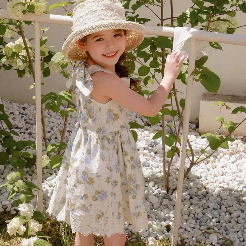 Mädchen Kleider Sommer Mädchen Kleid Ärmelloses Druck Blumen Süße Koreanische Stil Mode Schlinge Für Hübsche