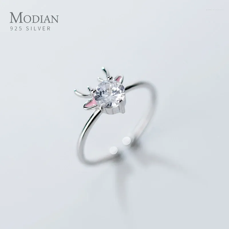 Cluster-Ringe Modian Tiergeweih Offener verstellbarer Fingerring für Frauen 925 Sterling Silber Glänzender Zirkon Elchmuster Feiner Schmuck