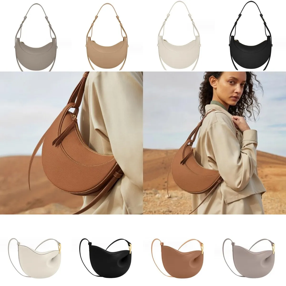 Women Genuine Leather Half Moon Shoulder Bag with Zipper Closure