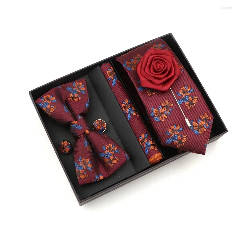 Bow Ties Novelty Design Floral Pattern Tie Set With Box Neckties Bowtie Handkerchiefs Cufflinks Brooches For Man's Party Business Fashion