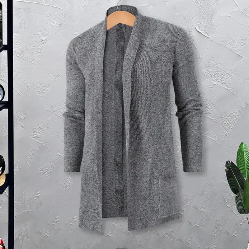 Pulls pour hommes Hommes Automne Solide Simple Cardigan Manteau Revers Manches Longues Poches Avant Ouvertes Mi-longueur Tricot Vêtement D'extérieur Coupe-Vent Grande Taille