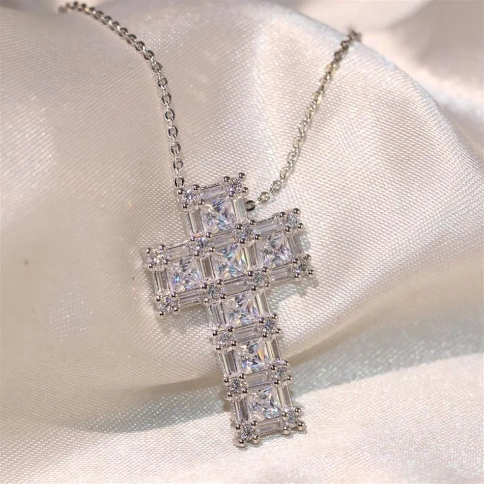 2018 Ny ankomst toppsäljande lyxsmycken 925 Sterling Silver Six Princess Cut 5A Cuubic Zirconia Cross Pendant Chain Necklace F303N