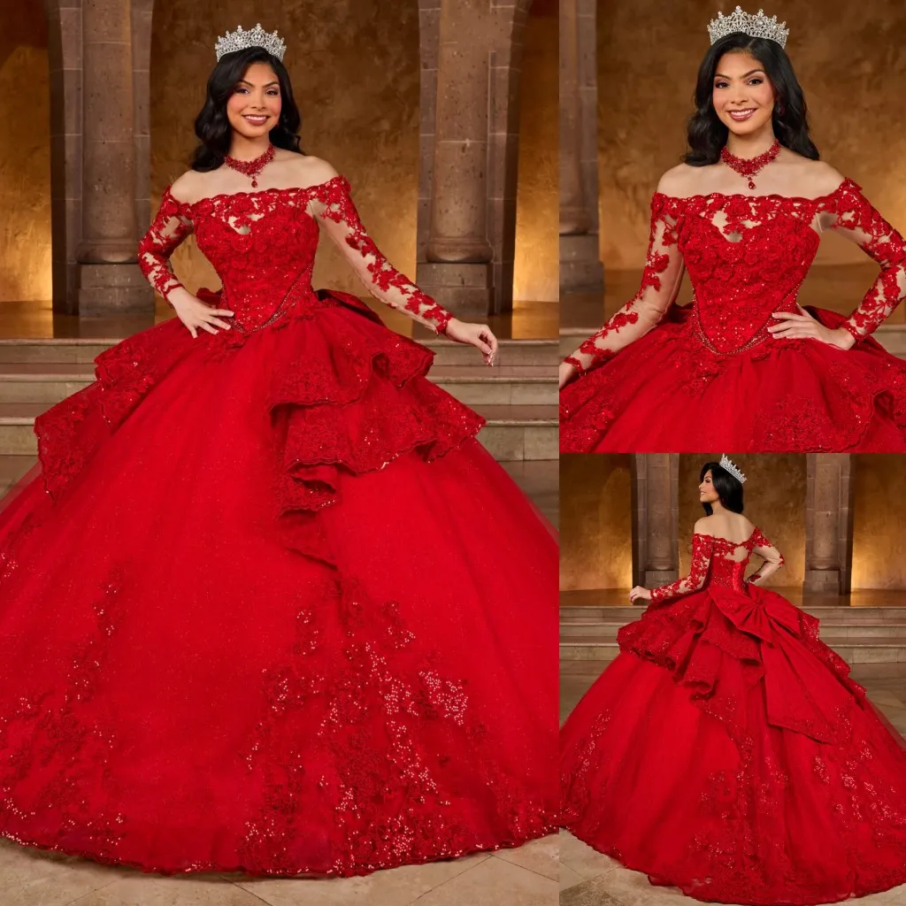 Vestido de baile vermelho renda quinceanera vestidos apliques vestidos de baile com mangas compridas lantejoulas fora do ombro decote tule doce 15 vestido de máscaras