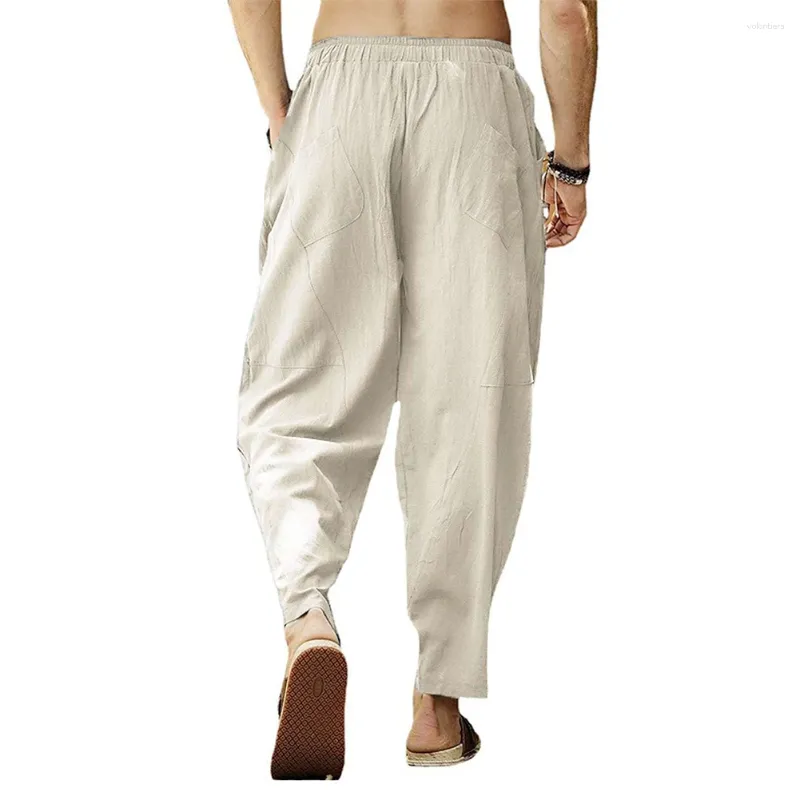 Calças masculinas outono algodão linho joggers sólido casual cordão elástico cintura solta yoga harem calças esportes