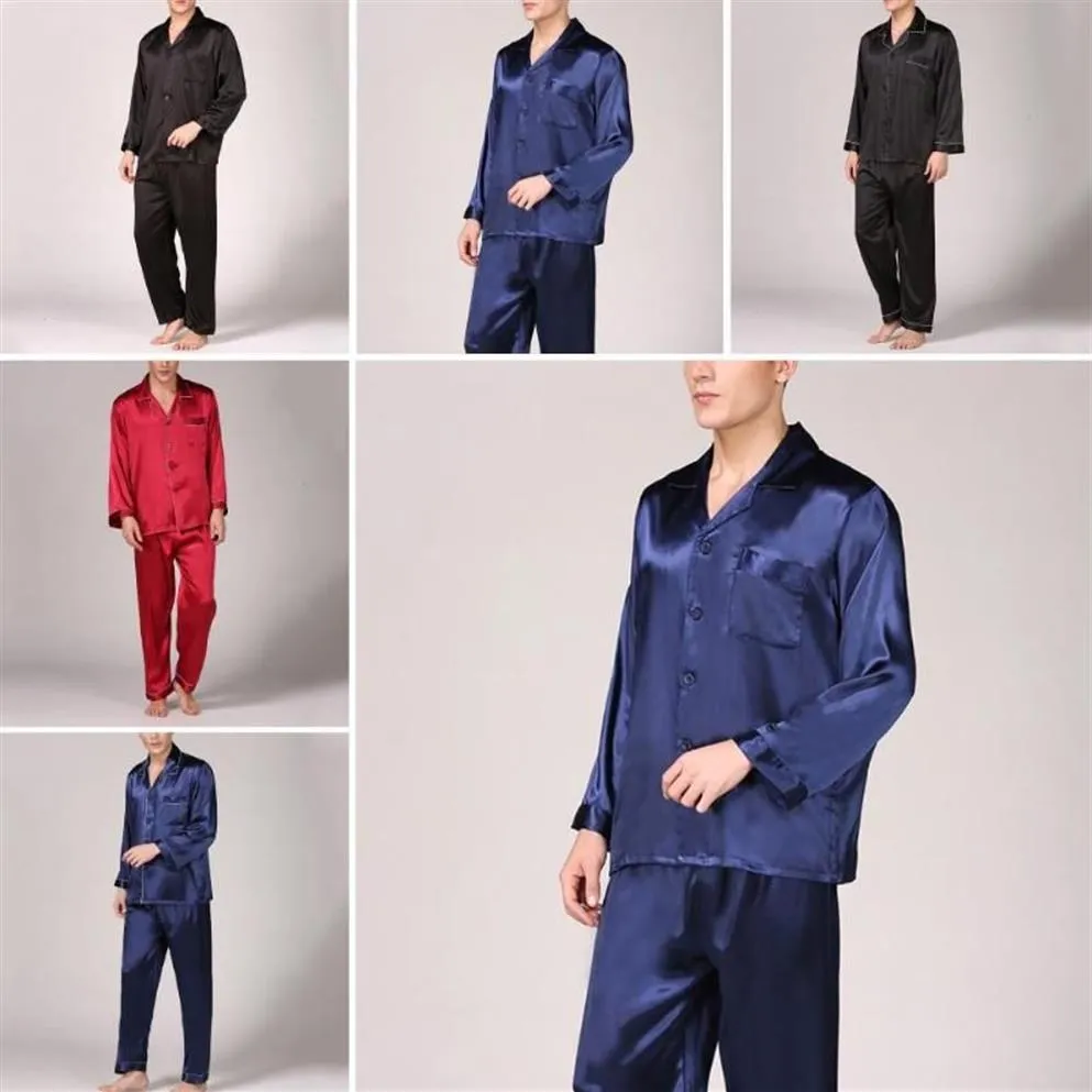 Été Hommes Pyjama Ensemble Imitation Soie Pyjamas Hommes Vêtements De Nuit Imprimer Chemise À Manches Longues Haut Pantalon Long Vêtements De Nuit Sexy Hommes Nightwea210B