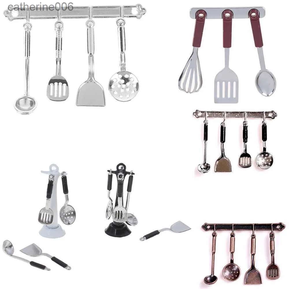 Melody Jane Dollhouse Black Hanging Utensil Set & Rack - 1:12 Scale Miniature Kitchen Accessory