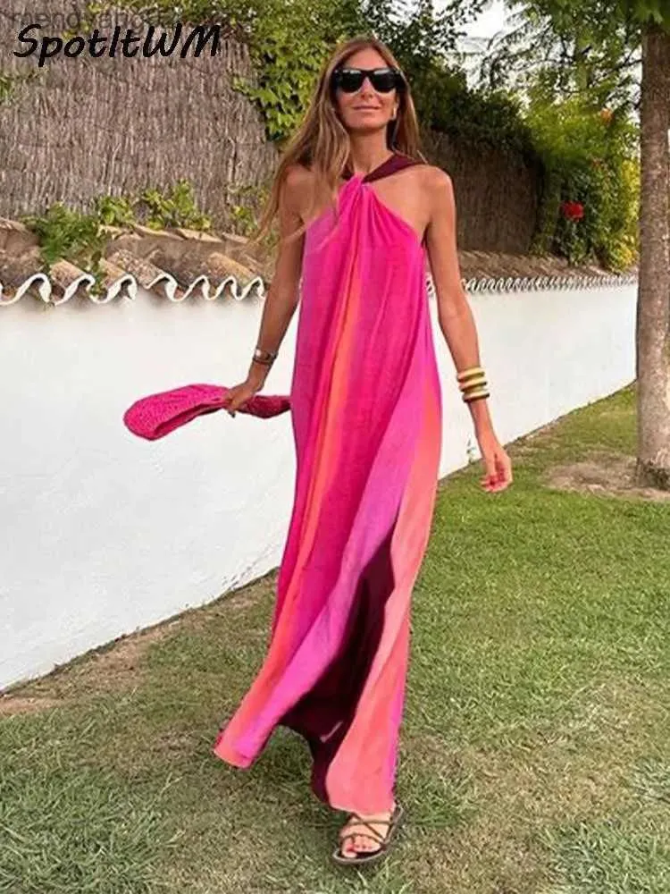 Basic Casual Dresses Sexy Strapless Gradient Halter Maxi Robes Women Contrasting Colors Loose Elegant Dresses Lady Backless Sleeveless Long Beachwear T231026