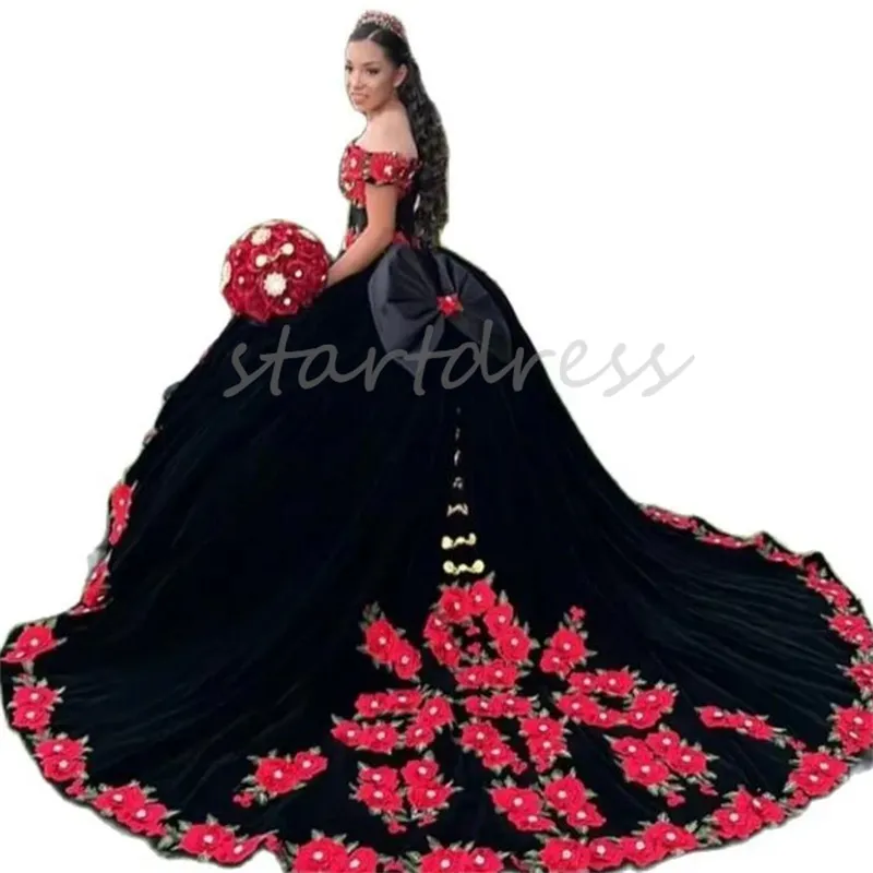 Lujo Mexicano Charro Negro Rojo Quincea era Vestidos 2024 Vestio Xv Flor Debutante Dulce 16 Vestido Con Cuentas Organza Diecis is Vestido De