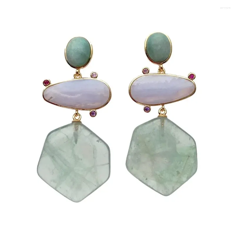 Boucles d'oreilles pendantes KKGEM 23x25mm, forme hexagonale, améthyste verte, prasiolite, amazonite, dentelle, agate