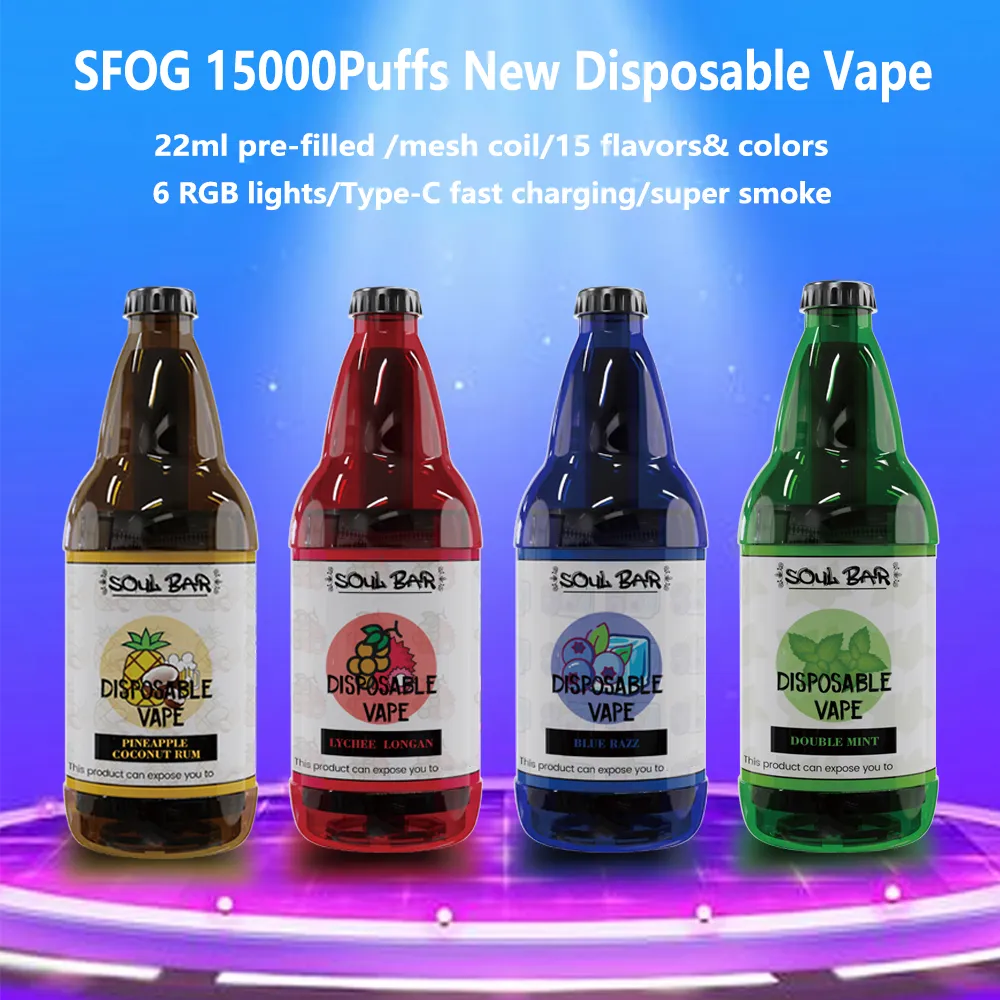 Original Puff 15000 engångsvap SFOG 15000 Puffs E Cigarett Förfylld 22 ml POD 15 Flavors Vape Disponible Puff 15K ECIG 6 RGB Lights Redoble Big Vapor Pen