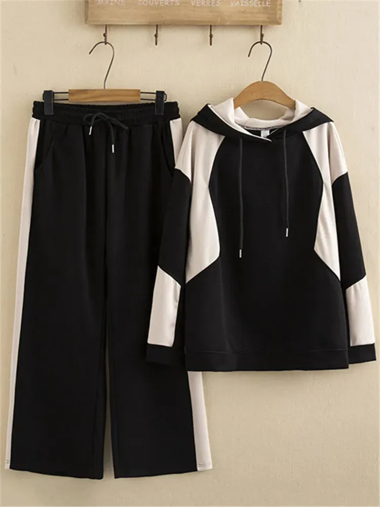 Женские брюки из двух предметов, одежда больших размеров, комплект из 2 комплектов, женский осенний костюм, комбинированная толстовка с капюшоном премиум-класса и брюки с эластичной резинкой на талии 231025