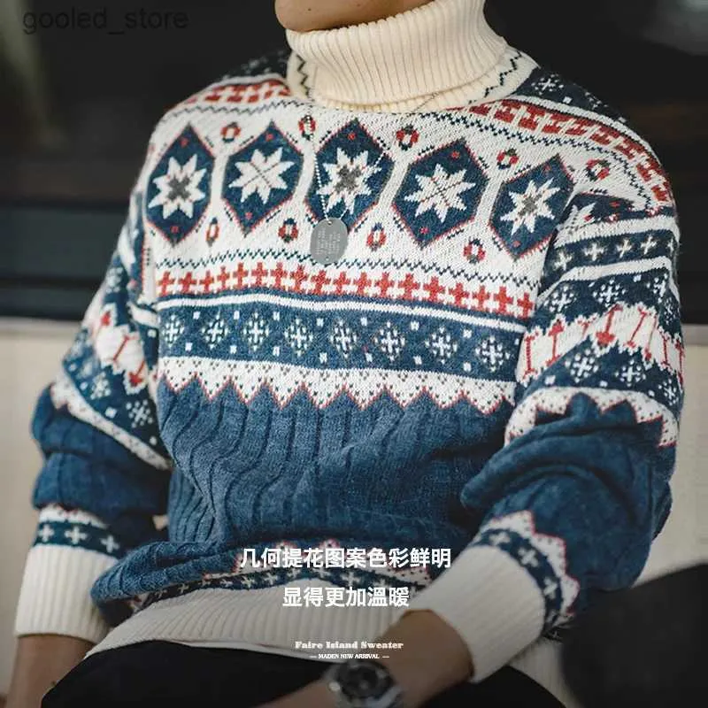 Men's Sweaters Maden Workwear Tops Men's Autumn Winter Vintage Printed Sweater Thick And Warm Reversible High Neck Knit Q231026