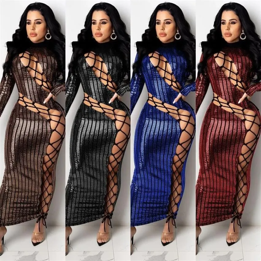 Casual Dresses Sexy Bandage Sequin Dress Women Party Night Clothes Hollow Out Bodycon Plus Size Turtleneck Clubwear Long Sleeve214C