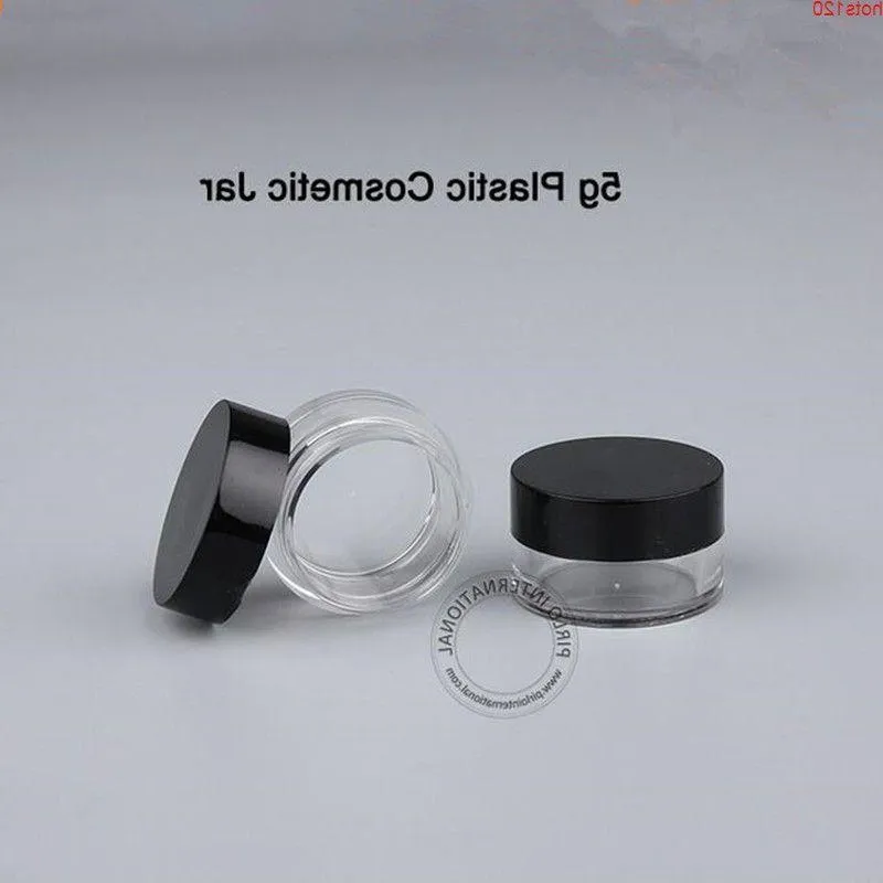 100pcs/Lot 5g Plastic Empty Cream Jar 1/6OZ Black Cap Vial Small Portable Container Refillable Eyeshadow Pot Sample Packaginghood qty Deofa