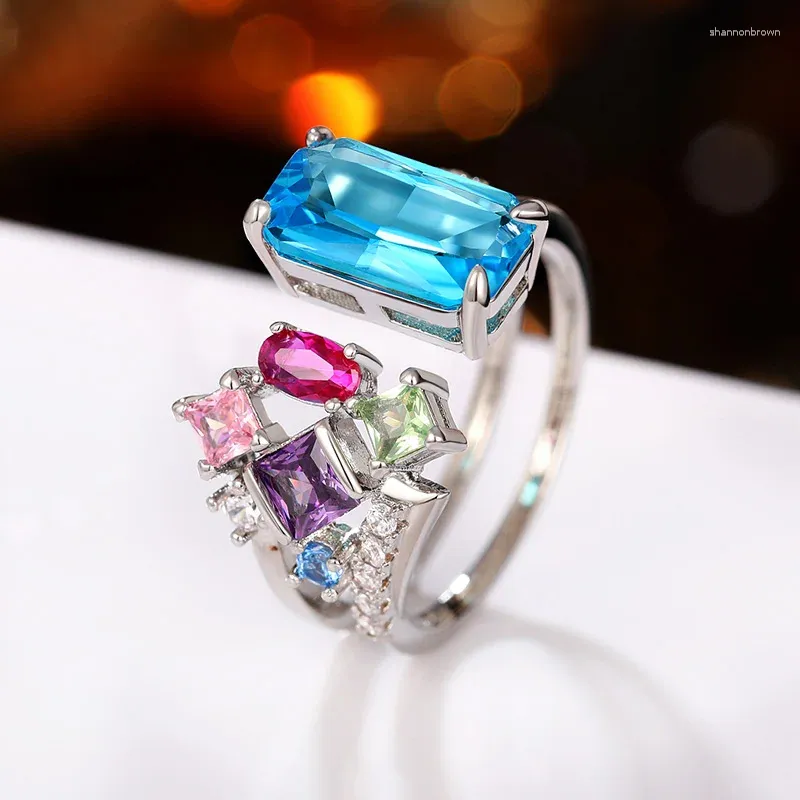 Cluster Rings Huitan Geometric Colorful CZ Women 2023 Bright Bridal For Wedding Party One Size Opening Resizable Fashion Jewelry