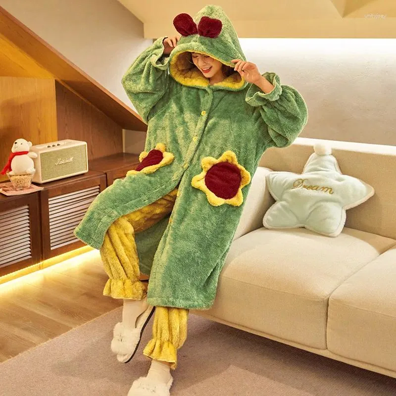 Nachtkleding voor dames Nachtjapon Verdikt in de herfst en winter Plus fluweel Koraalfleece Lang Schattig Badjas Flanel Pakmaat Pyjama Loungewear