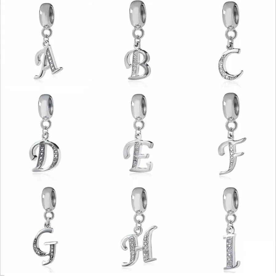Ciondoli con lettere per bracciali europei Collana con perline pendenti A-Z in argento sterling autentico 925 Accessori con alfabeto fai da te che si adattano a 300K