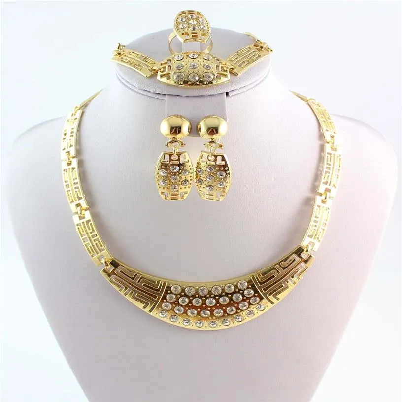 Senaste mode romantiska brudguldpläterade tydliga kristall strasshalsband armband örhängen ringar smycken set för kvinnor311n