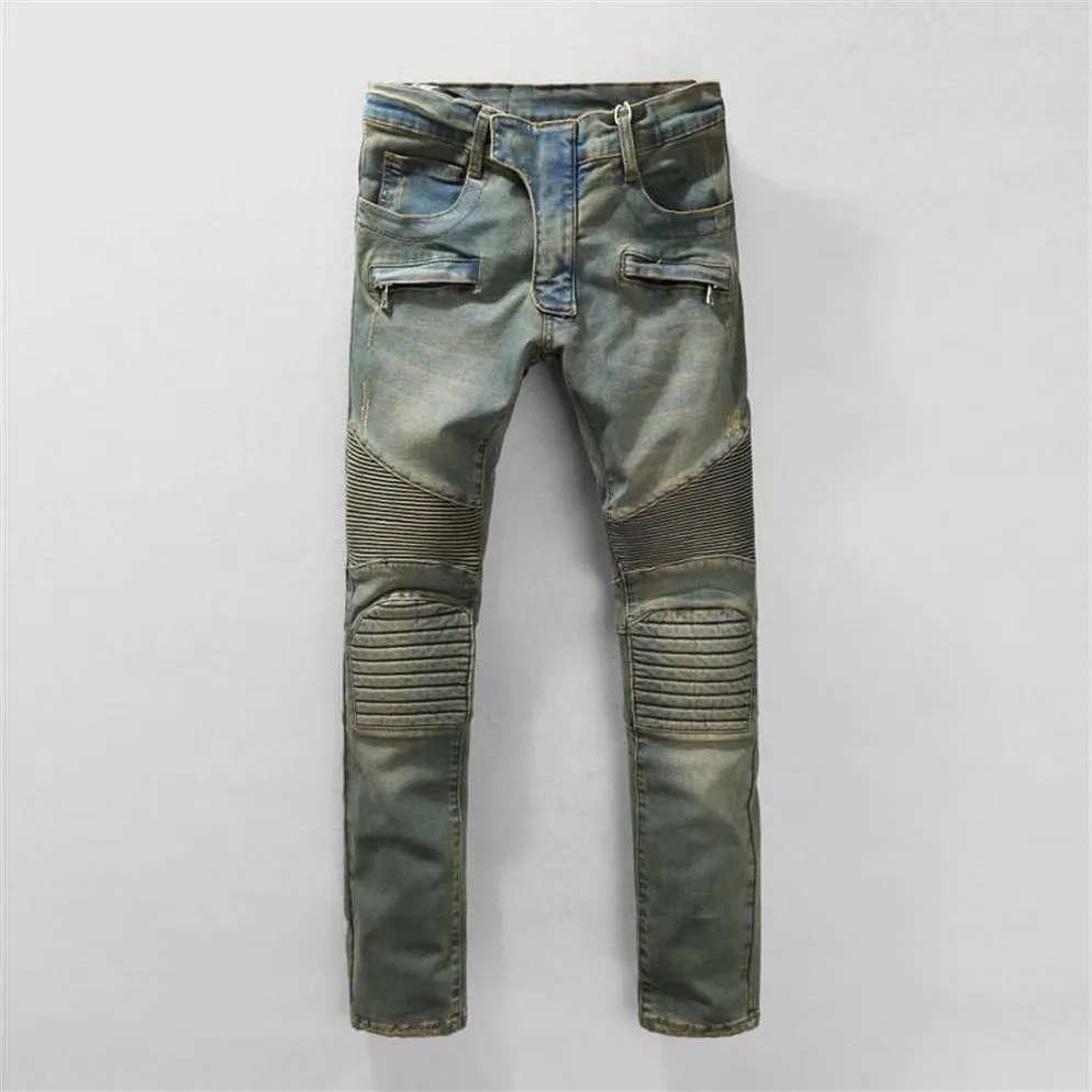 Homens rasgados motociclista jeans moda hip hop magro luz azul oeste designer marca streetwear swag calças254x