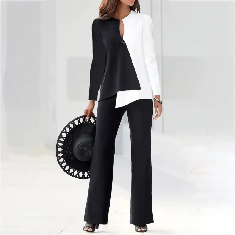 Женские брюки из двух предметов, элегантные комплекты брюк в стиле пэчворк, асимметричный топ с вырезами на пуговицах, брючный костюм с длинными рукавами, одинаковый комплект одежды, одежда