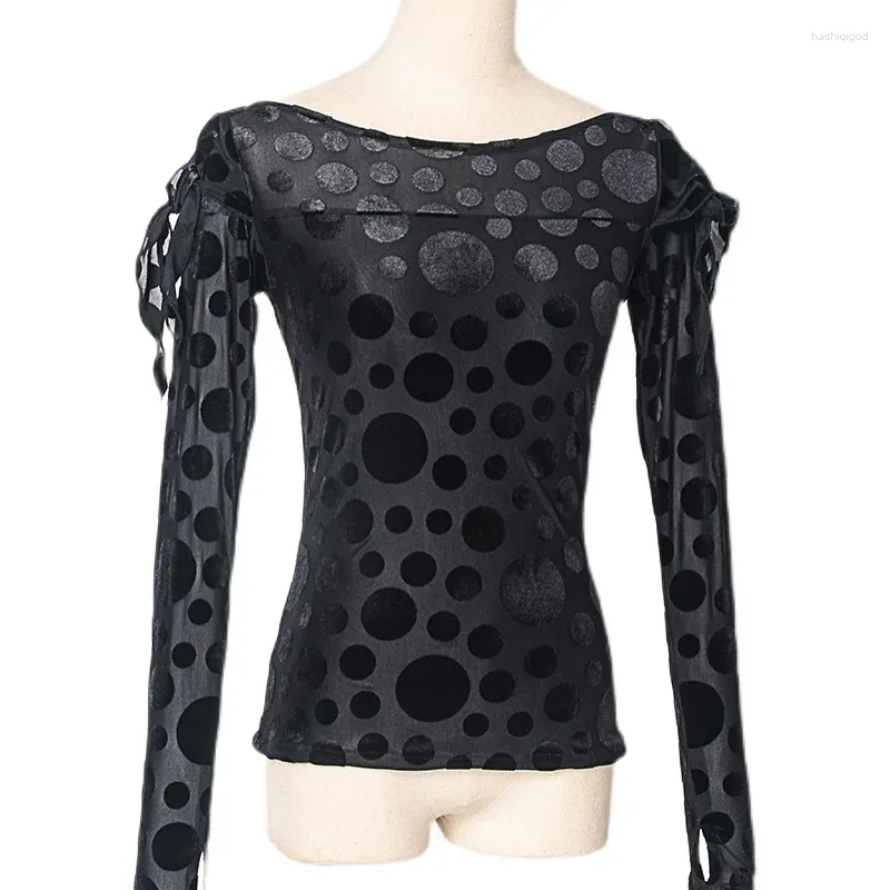 Stage Wear Ballroom Dance Tops Black Polka Dots Long Sleeve Practice Clothes Waltz Tango Costume Samba Latin Dancewear DL8797