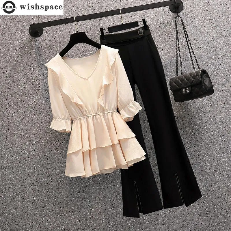 Frauen Zweiteilige Hosen Sommer Rüschen Gefaltetes Chiffon-Hemd Top Schwarz Casual Breite Bein Elegante Set Weibliche Sport Anzug