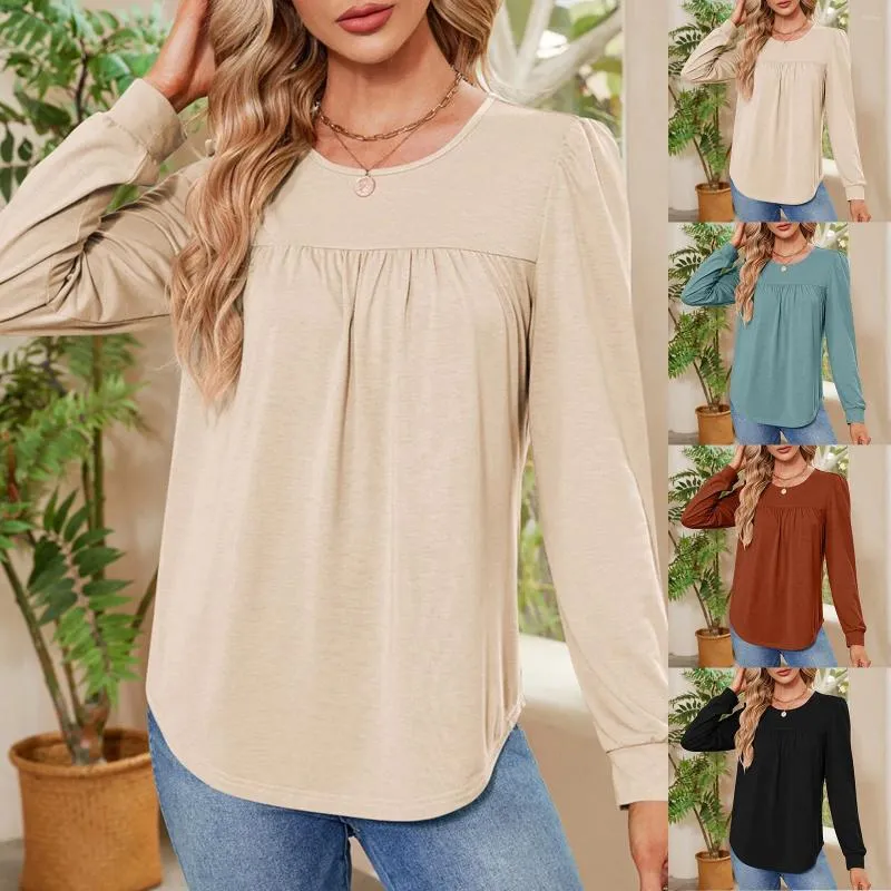 Camicette da donna Girocollo Manica lunga Donna Basic Casual Allentato Nascondi pancia Tunica fluida Top Camicie a pieghe autunnali Pullover Blusas