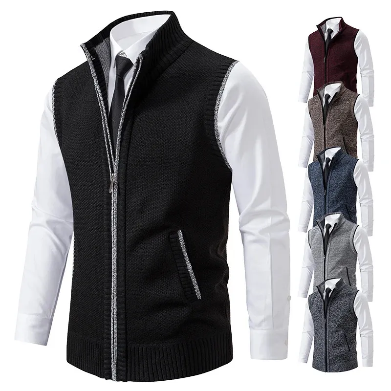 Gilets pour hommes Gilet tricoté sans manches pour hommes pull en laine velours cardigan à fermeture éclair pulls rabattus col roulé Sweatercoat tricot gilet 231025